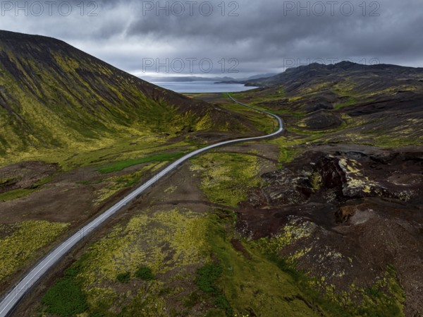 Road, mountains, lake, clouds, mountain road, curves, aerial view, summer, Reykjanes Peninsula,