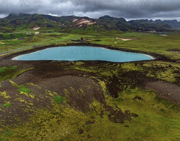 Lake, crater lake, mountains, cloudy, turquoise, volcanic landscape, hot springs, aerial view,