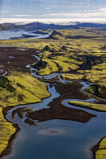 Lakes, river, mountains, mountain landscape, aerial view, sunny, summer, Langisjör, behind