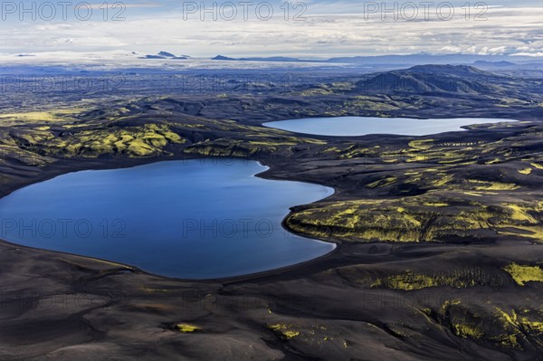 Lakes, mountains, mountain landscape, glacier, aerial view, sunny, summer, Langisjör, behind