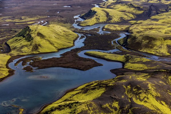 Lakes, river, mountains, mountain landscape, aerial view, sunny, summer, Langisjör, Icelandic