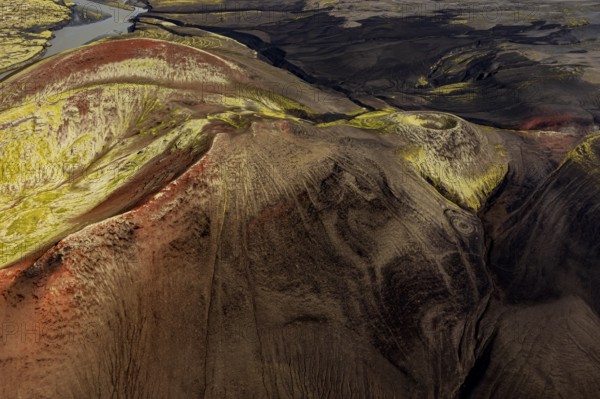 Crater, volcanic crater, aerial view, sunny, summer, Icelandic Highlands, Iceland
