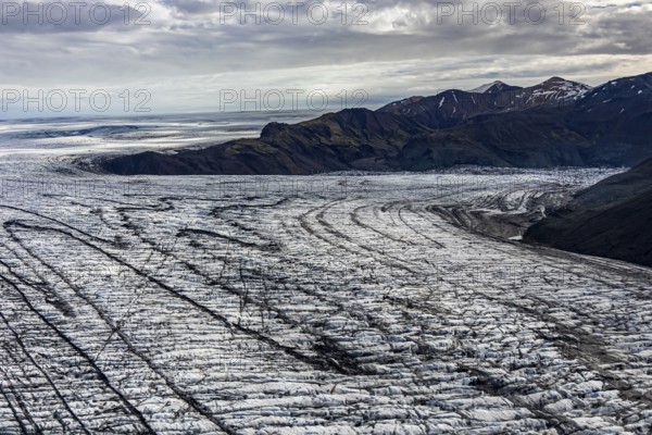 Glacier, crevasses, ice, aerial view, black ice, climate change, summer, mountains,