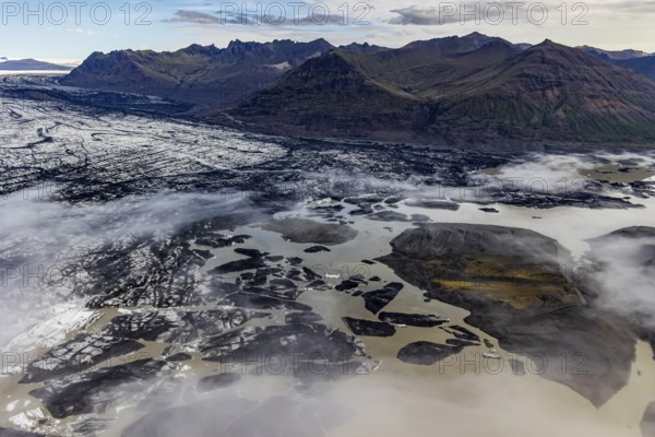 Icebergs, ice floes, glacier tongue, glacier edge, glacier, lake, glacier lagoon, aerial view,