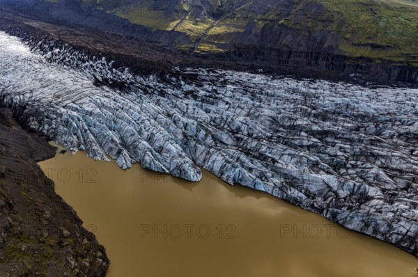 Glacier tongue, glacier edge, glacier, lake, glacier lagoon, aerial view, black ice, climate