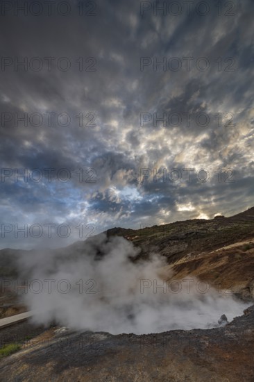 Hot springs, geothermal field, cloudy, evening mood, backlight, summer, Krysuvik, Reykjanes