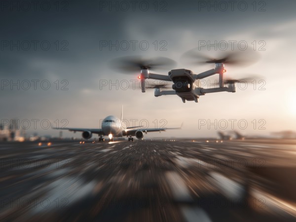 Ein Quadrocopter, Drohne, droht mit einem startenden Verkehrsflugzeug zu kollidieren, während ein