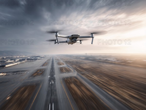 Ein Fernpilot steuert sein Quadrocopter, Drohne illegal über eine Startbahn von einem Flughafen.