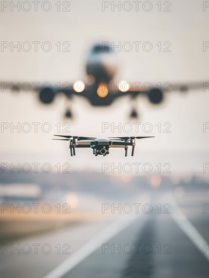 Ein Quadrocopter, Drohne, droht mit einem landenden Verkehrsflugzeug zu kollidieren, während ein