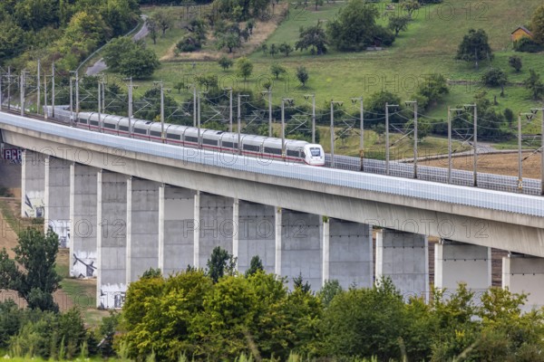 Enztal bridge with ICE. Double-track railway overpass of the high-speed line from Mannheim to
