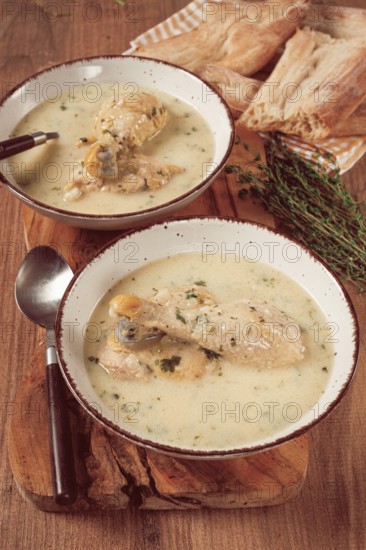 Chikhirtma chicken soup, Georgian dish, with lavash, top view, no people