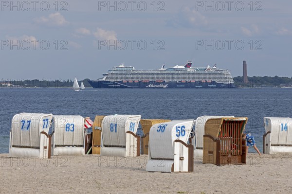 Cruise ship Mein Schiff 7, Laboe Naval Memorial, Kiel Fjord, beach chairs on the beach at Strande,