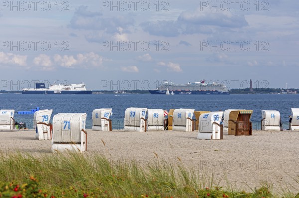 Cruise ship Mein Schiff 7, DFDS ferry, Laboe naval memorial, Kiel Fjord, beach chairs on the beach