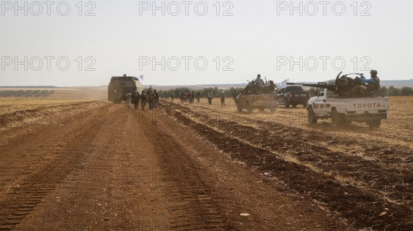 Vehicles and heavy weapons used by Syrian opposition fighters in combat against ISIS. Aleppo, Syria