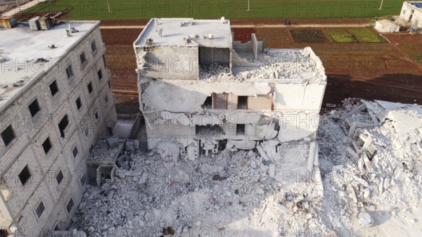 An aerial view shows the destruction of homes caused by the powerful earthquake that struck Turkey