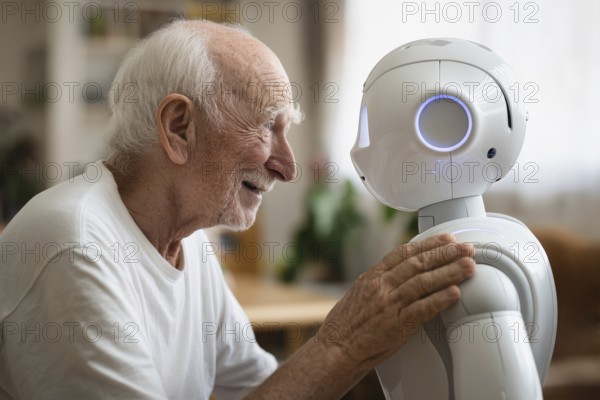 An elderly man in a nursing home smiles and communicates with a humanoid robot, carer robot, symbol