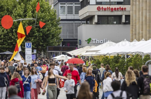 Crowd on the way in the shopping street. Königstraße pedestrian zone in Stuttgart,