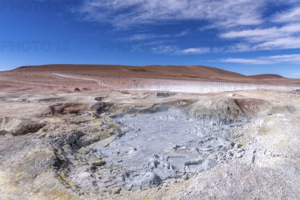 Boiling mud hole in the Sol de Mañana geothermal area, steam, lagoon route, San Pablo, Departamento
