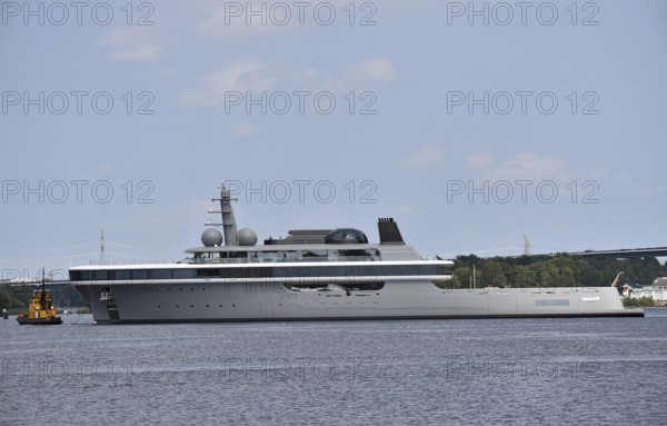 The new superyacht COSMOS leaves the Lürssen shipyard near Rendsburg for the Kiel Canal, Kielkanal,