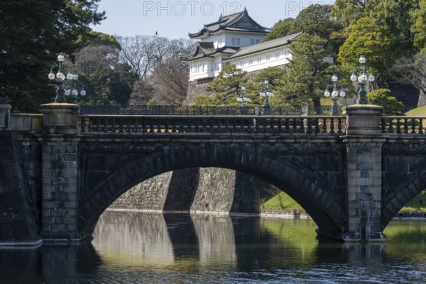 Tokyo Imperial Palace behind bridge, Kokyogaien National Garden, Chiyoda, Tokyo Prefecture, Tokyo,