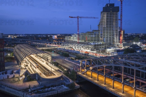 Blue hour aerial view of the Hamburg Elbbrücken U4 underground and suburban railway station and the