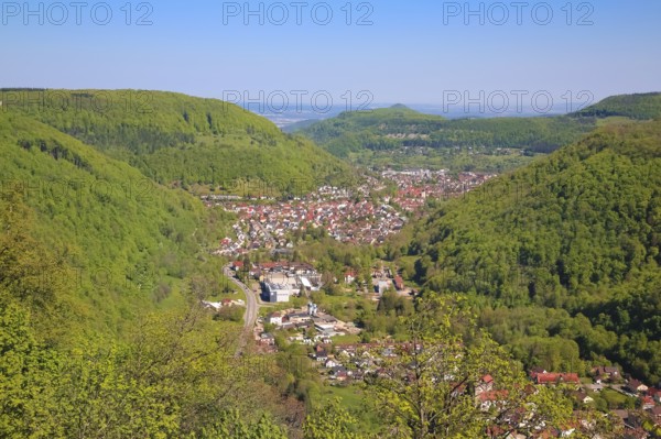 View from Lichtenstein Castle, view of the Echatztal valley, Honau, Unterhausen at the back,