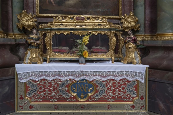 Reliquary sarcophagus of St Lucianus, catacomb saint, Abbey Church of the Assumption of the Virgin