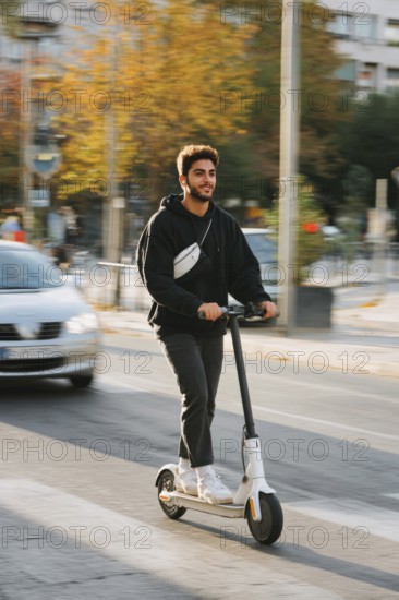 Ein junger Mann nimmt mit einem E-Scooter am öffentlichen Straßenverkehr in einer Stadt teil,