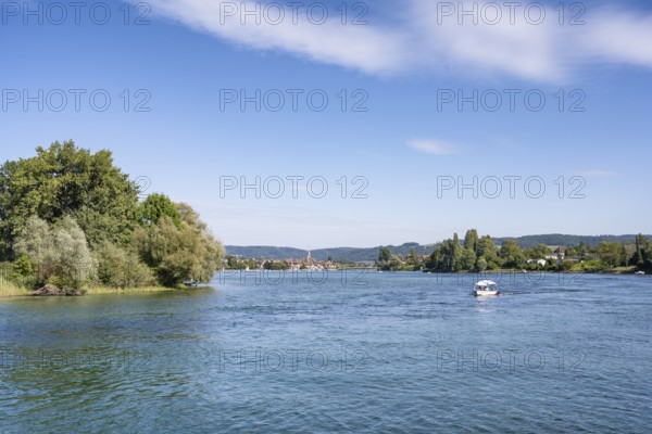 View over the Rhine, Hochrhein, on the horizon the town of Stein am Rhein, Canton Schaffhausen,