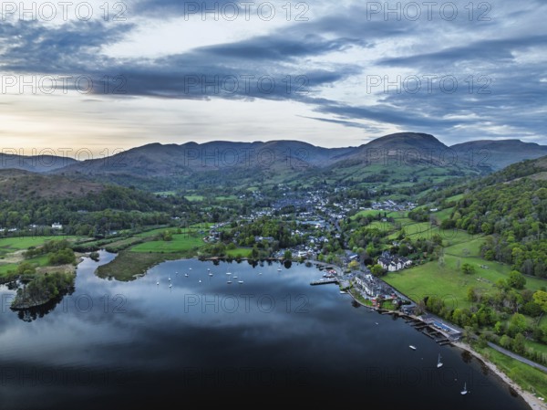 Sunset over Windermere Lake from a drone, Ambleside, Lake District, Cumbria, England, United