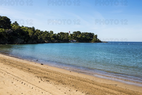 Picturesque beach and lighthouse, Plage de La Baumette, Saint-Raphaël, Massif de l'Esterel, Esterel