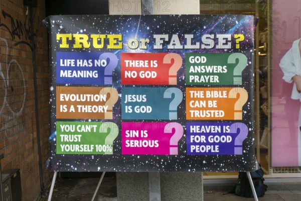OAC Evangelists religious poster of questions about Christianity and God, Torquay, Devon, England,