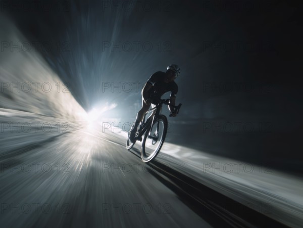 A cyclist, racing cyclist riding his racing bike fast on a sloping road in the dark, motion blur,