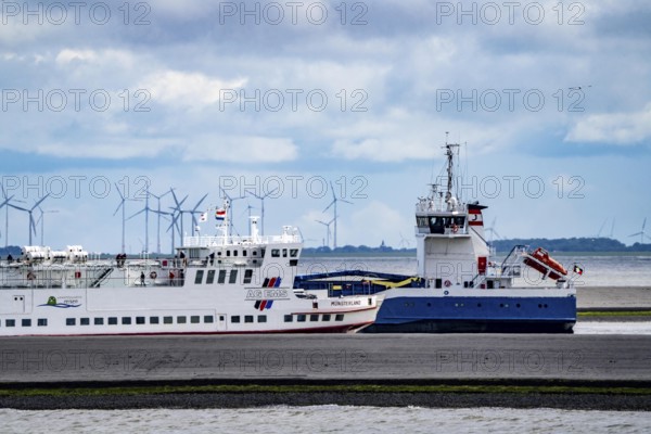 The North Sea car ferry Münsterland, arrives in the ferry harbour of Eemshaven, in the Ems estuary,