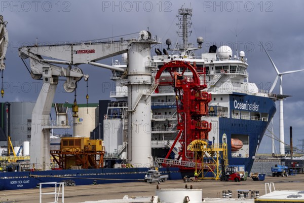 The seaport of Eemshaven, Julianahaven Basin, where the foundation structures, monopiles, for