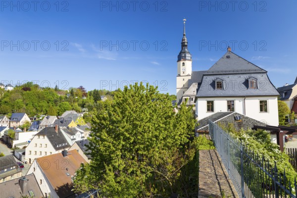 Town view from the town wall with St Martin's Church, Zschopau, Erzgebirge, Saxony, Germany