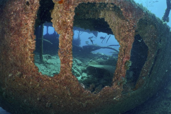 View through the large windows of a shipwreck under water in bright light. Dive site wreck of the