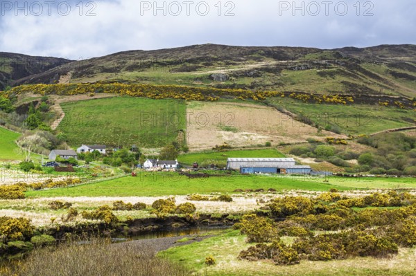 Farms over Loch Harport, Drynoch, Isle of Skye, Scotland, UK