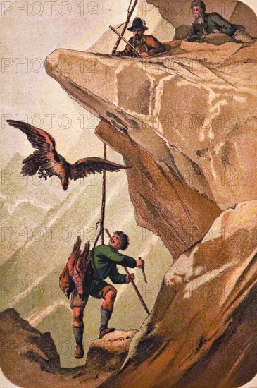 Nest robber at the eagle's nest in a rocky mountain landscape, young robber with knife, rope