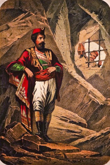 The Red Montegrin stands locked up in a rocky cave, captivity, narrative, man of high descent in