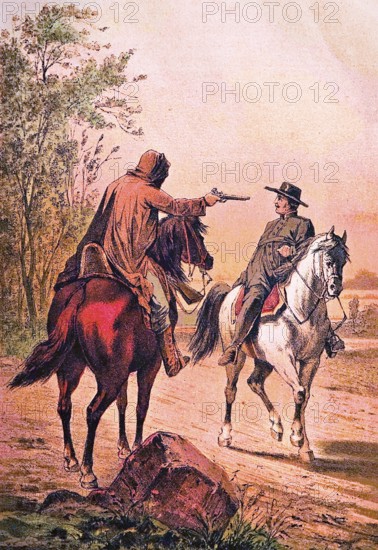 Robbery in the open countryside, dangerous encounter between a Quaker and a highwayman on