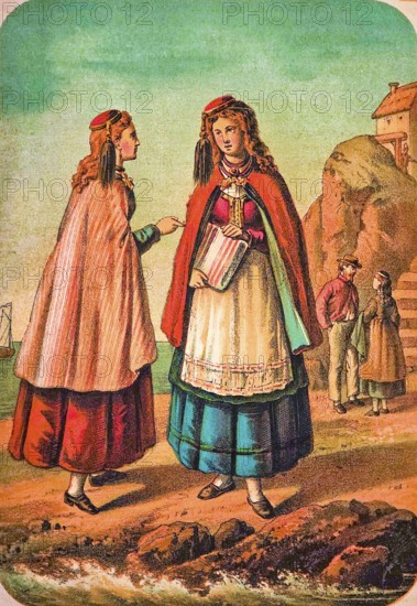 Icelandic woman in traditional traditional costume, headgear, apron, cloak, dress, holding paper in
