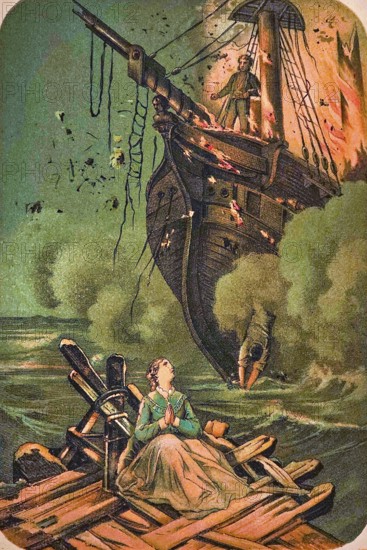 On the high seas, pirate's son saves young woman from drowning, shipwreck, destruction, pirate