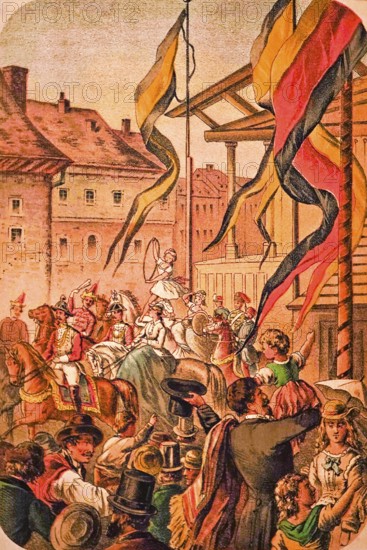 The child of the tightrope walker performs tricks, stands on the horse, jumping ring, chapel,
