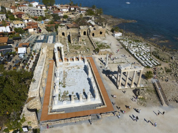 Ancient ruins near the coast with remains of a temple, historical ambience, aerial view, Temple of
