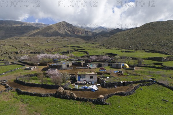 Small village amidst green hills and blossoming trees under a cloudy sky, village at the foot of