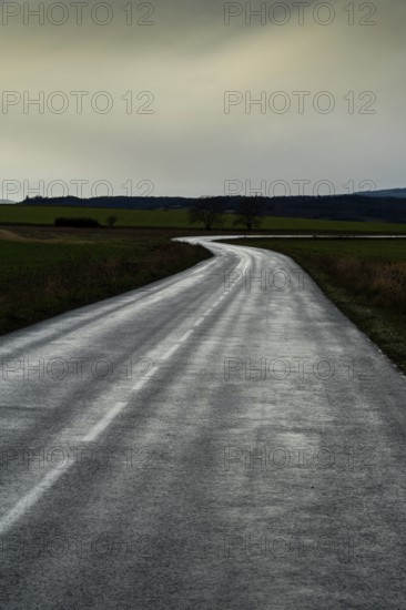 A winding road stretches through green fields under a cloudy sky, showcasing the beauty of the