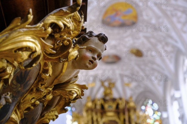 Angel on the pulpit, Maria Himmelfahrt parish church, Landsberg am Lech, Upper Bavaria, Bavaria,