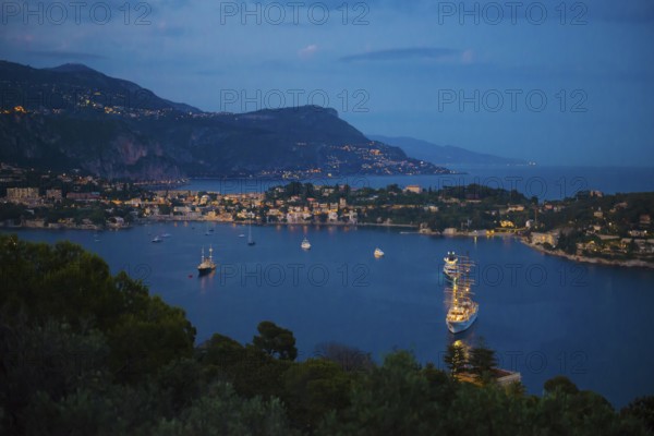 Panorama, blue hour, sunset, view from Mont Boron, Saint-Jean-Cap-Ferrat, Cap Ferrat, Alpes
