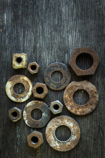 Various rusty nuts are scattered across an old wooden surface, revealing their distinct shapes and